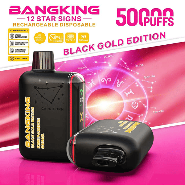 Black BangKing “Black Gold Edition” vape device with pink zodiac backdrop and “50 Puffs” text