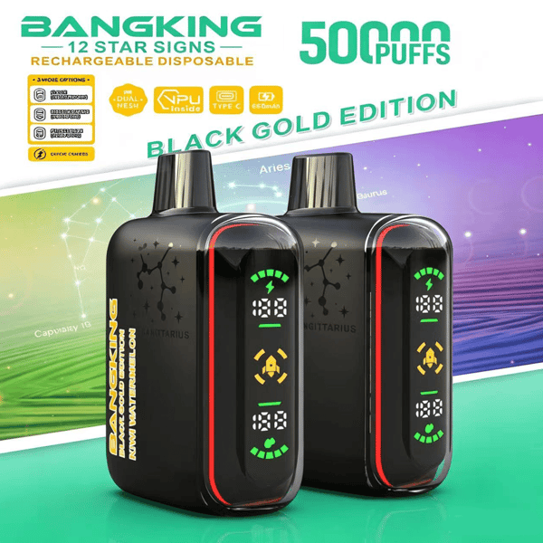 Black vape pod device pack with red LED accents and green display icons, “Black Gold Edition” banner