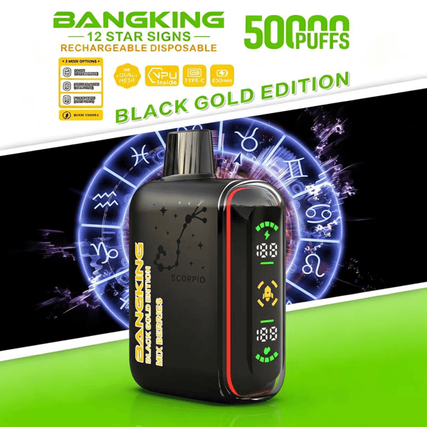 Black vape device with red trim, branded “Black Gold Edition,” against zodiac and “50 puffs” graphic background