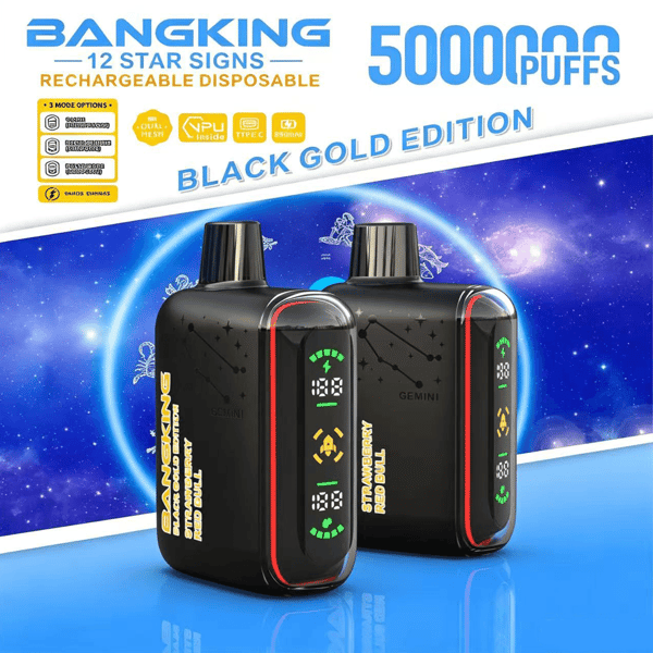 Black Bangking 12-star disposable vape cartridges with Gemini branding, red trim, and “50000 puffs” text on blue cosmic background