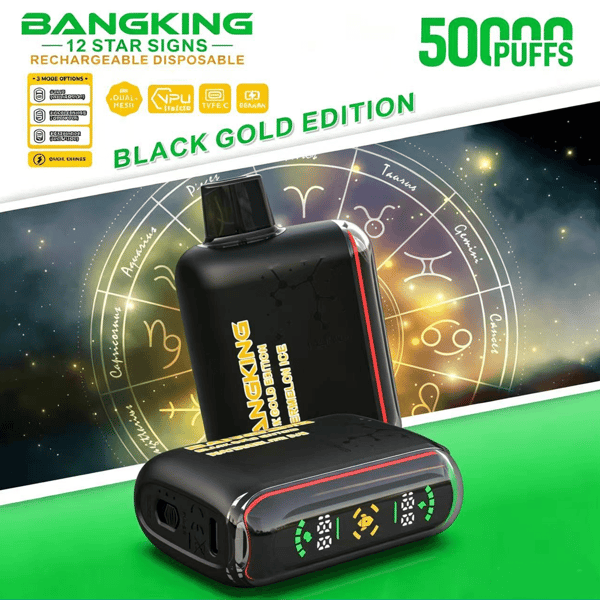 Black vaping device and pod pack on green background with “BLACK GOLD EDITION” text and gauge-style graphics