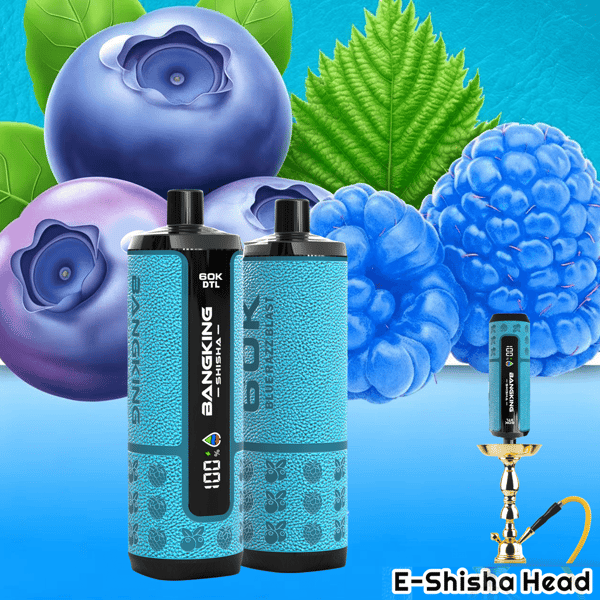 Blue “Bangking” vaping device bottles and a small pod with fruit-themed blueberry and green leaf graphics in the background