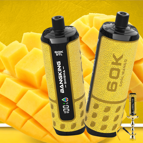 Two yellow textured sports drink bottles with black caps and branding over a sliced mango background