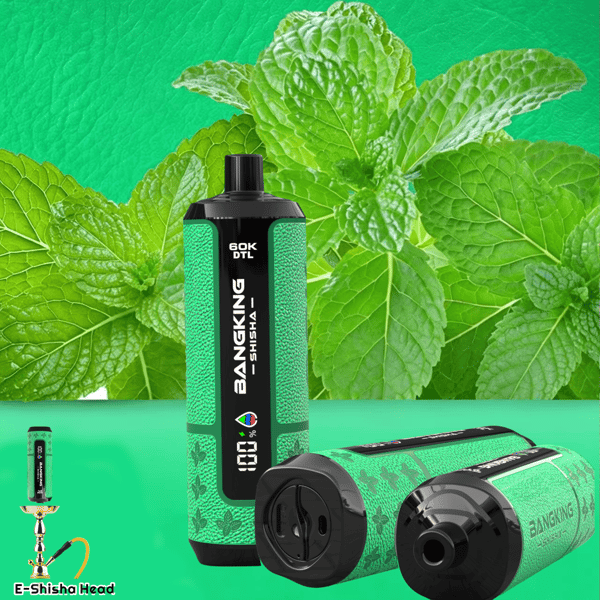 Green cannabis leaf background with a black-and-green vaping device and e-liquid bottle labeled 60K DTL