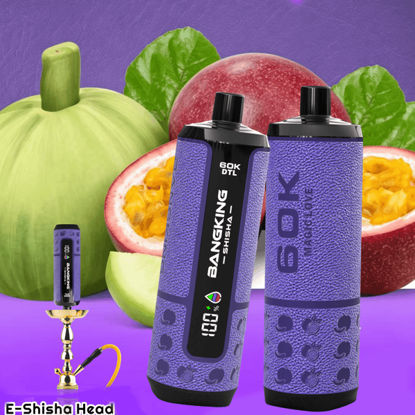 Two purple e-shisha devices with black tops in front of fruits and “E-Shisha Head” text