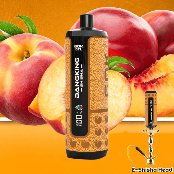 Orange-colored vaping e-shisha liquid bottle with gold texture, set among peaches and hookah accessories