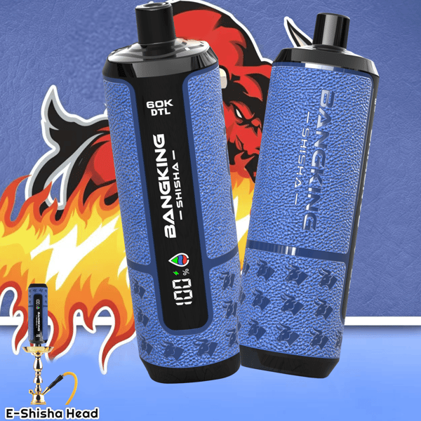 Two blue and black e-shisha heads with printed designs, set against a flame and dragon background