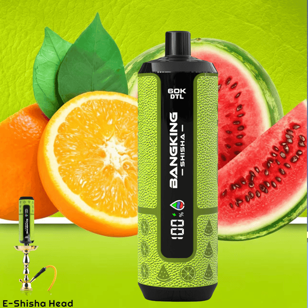 Green e-shisha disposable vape device with “BANKING DTL” branding, surrounded by orange, watermelon, and leaves