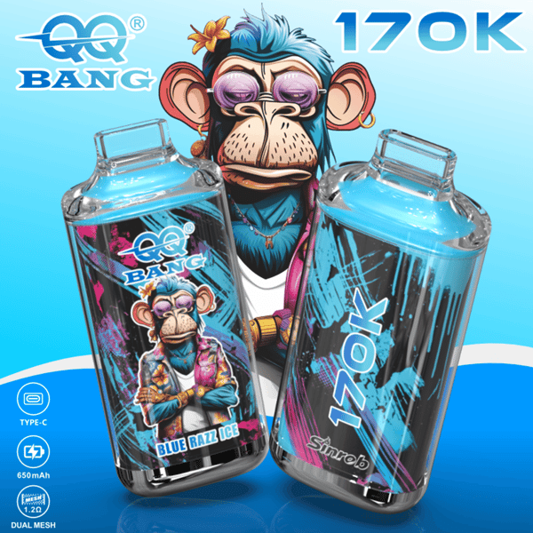 Cartoon monkey graphic vaping devices labeled BLUE RAZZ ICE with 170K and Type-C 650mAh text