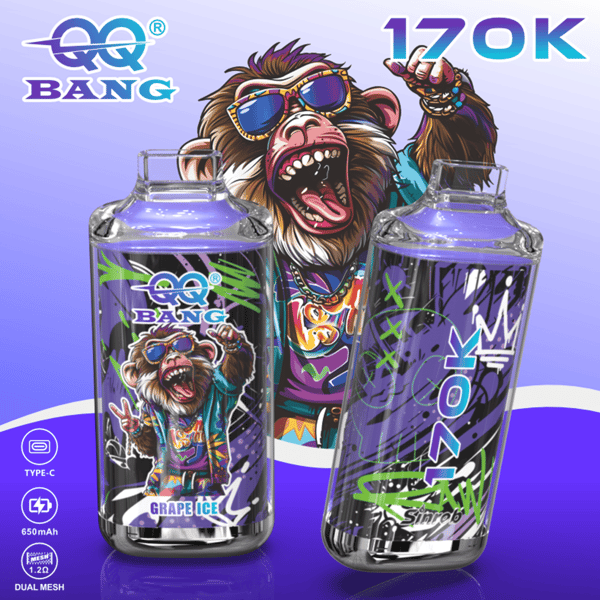 Two 17OK QQ BANG energy drink cans with a shouting cartoon monkey graphic and purple background
