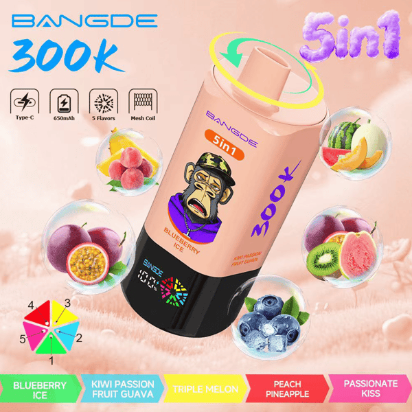 BANGlDE 360K disposable vape device with “5 in 1” design and fruit flavor icons, including bluebery ice