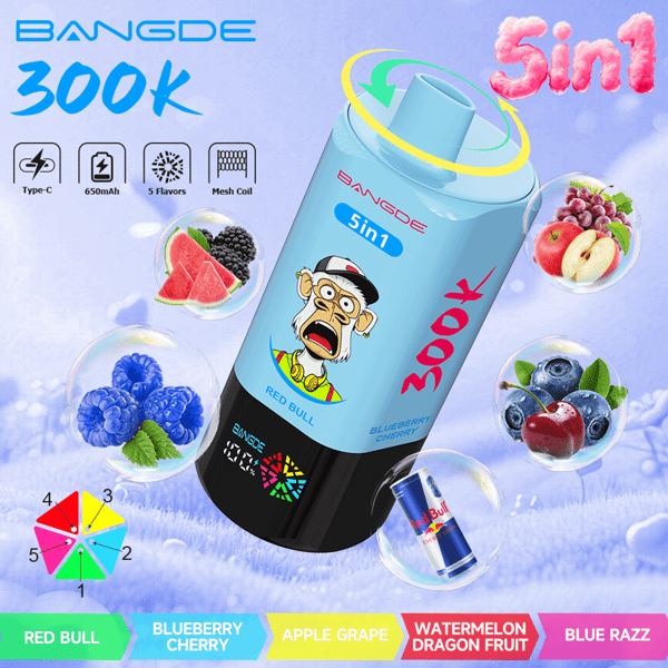 Blue energy drink can with fruit illustrations, “5 in 1” label, and “3.00k” text on a purple background