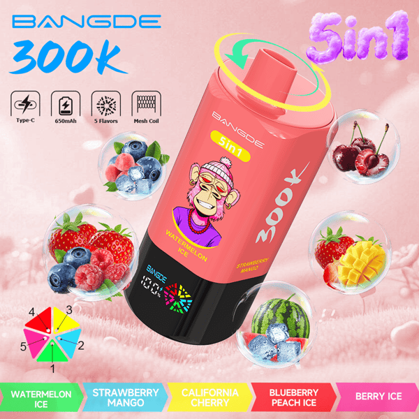 Bangde 5-in-1 vape device in red with flavor icons and fruit illustrations, including watermelon and cherries