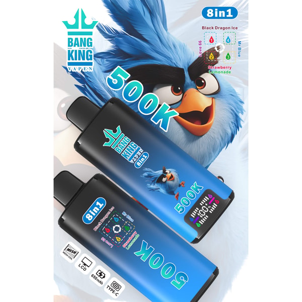 Blue cartoon bird vaping device packaging with “BANG KING” and “8 in 1” features icons
