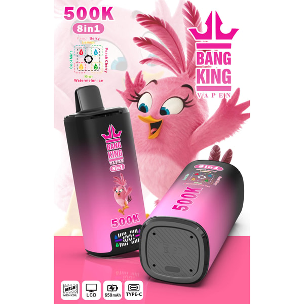 Pink cartoon bird with vape device labeled Bang King 500K 8in1 in peach berry lemon and other flavors