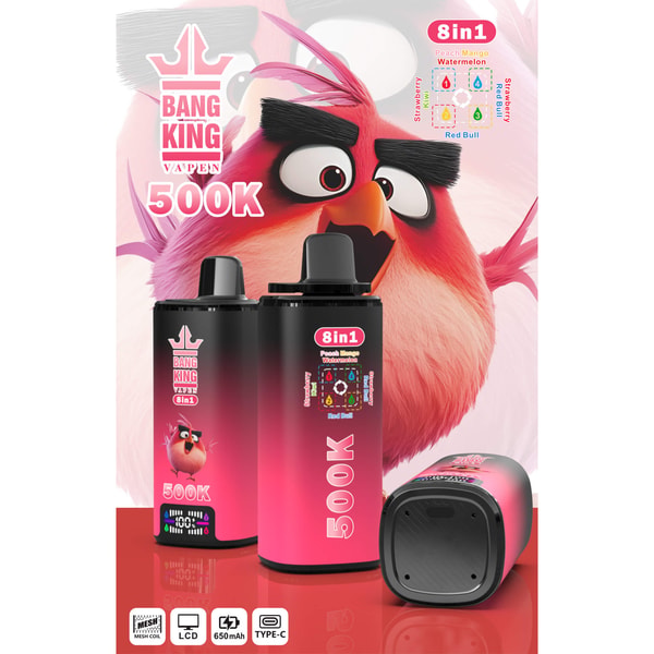 Red bird character with two Bang King VAPEIN 8-in-1 devices, Peach Mango Watermelon flavor, 500K, 650mAh Type-C