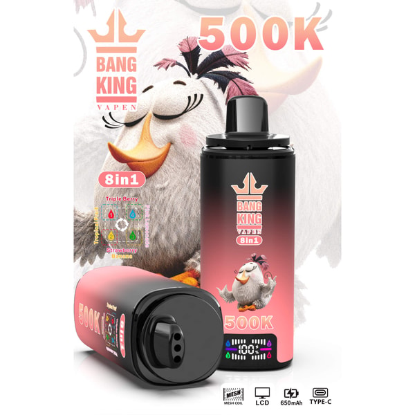 Vape product ad featuring a cartoon bird and “Bang King VAPEN 8in1” with “500K” on the bottle and background