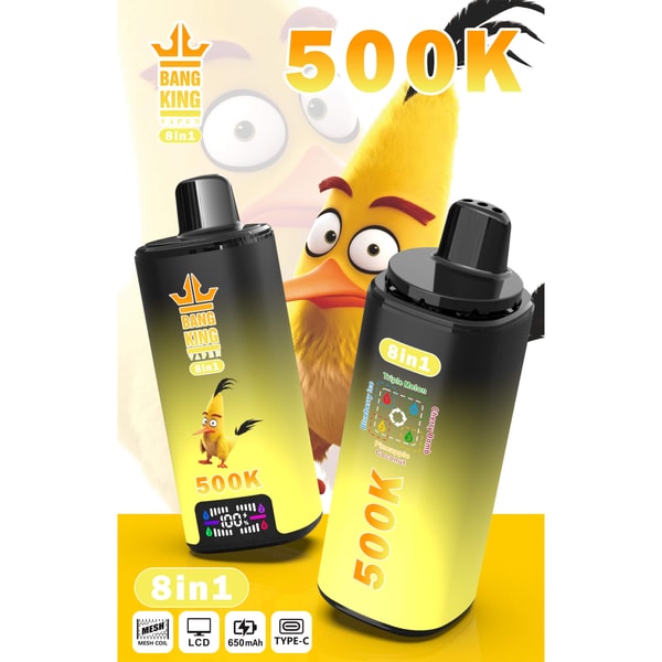 Cartoon yellow bird mascot with two black vape devices labeled BANG KING 8in1 and 500K