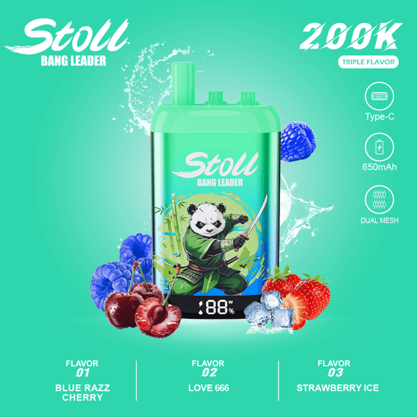 Green “Stoll” Bang Leader vape pod advertising blue razz, love 666, and strawberry ice flavors with Type-C 650mAh dual mesh