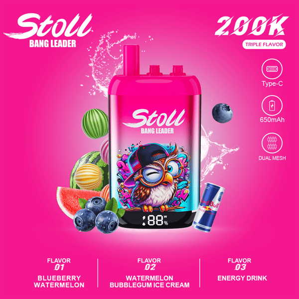 Stylish pink “Stoll” Bang Leader vape device with fruit flavors (blueberry, watermelon, energy drink) on a promotional poster