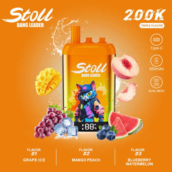 Orange “Stoll” Bang Leader vape device with 2600K triple flavor label and fruit graphics like mango, grapes, blueberries, watermelon