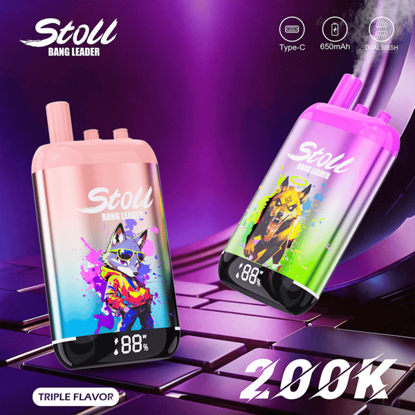 Stoll Bang Leader e-liquid bottles with Type-C and 650mAh dual mesh icons on a purple vaping ad background