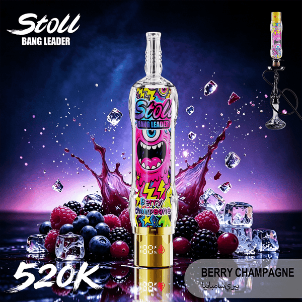“Stoll” Bang Leader bottle with “Berry Champagne” label, surrounded by fruit, ice, and splashing liquid on a blue background