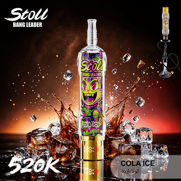 Bunte Cola-Ice-Vape-Flasche mit “Bang Leader”-Branding, umgeben von spritzender Flüssigkeit und Eiswürfeln auf dunklem Hintergrund