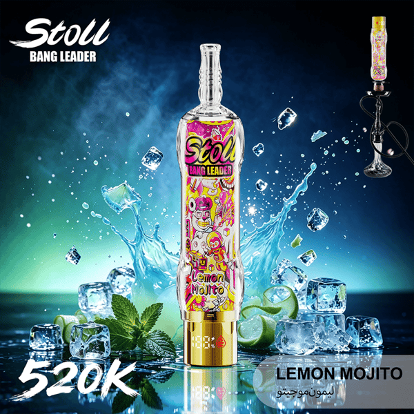 Promotional drink bottle labeled Stoll Bang Leader with icy splash and “Lemon Mojito” text