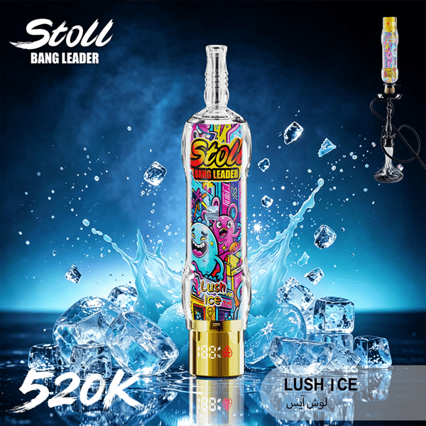 Tall “Bang Leader” Lush Ice e-liquid bottle with colorful label, surrounded by splashing water and ice cubes