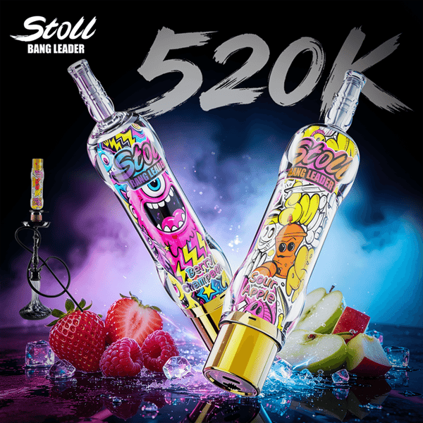 Dampf-Design-Banner “Stoll Bang Leader 520” mit zwei dekorierten Shisha-Flaschen und buntem Obst auf dunklem Hintergrund