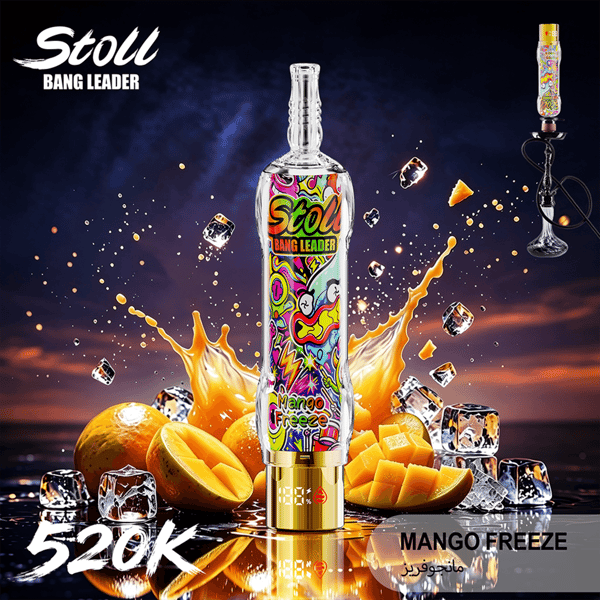 Boccetta per vape color mango freeze, con spruzzi ghiacciati e la scritta “Mango Freeze” su sfondo promozionale scuro