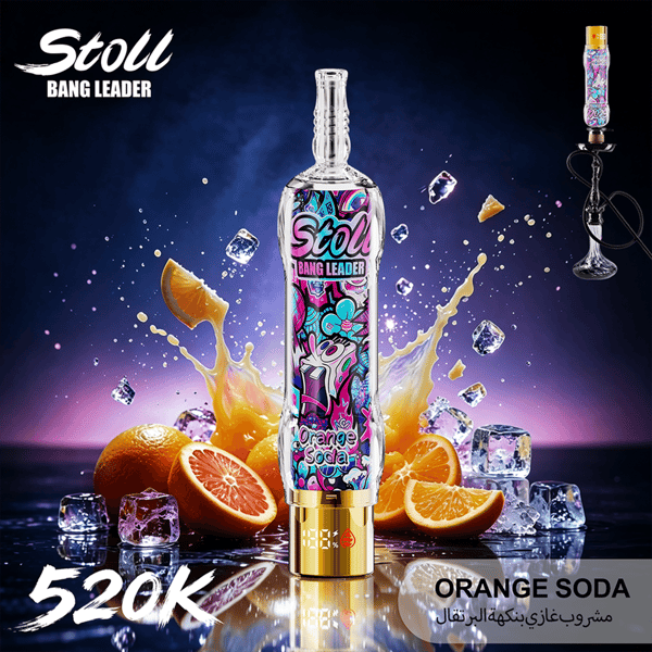 “Stoli Bang Leader”-Orangenlimonadenflasche mit Eiswürfeln und Orangenscheiben, “ORANGE SODA”-Text im Anzeigenhintergrund