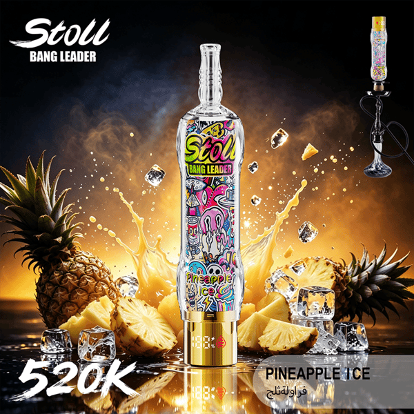 Promotional vape bottle labeled “Stoli Bang Leader” with pineapple ice theme, surrounded by pineapple slices and ice cubes
