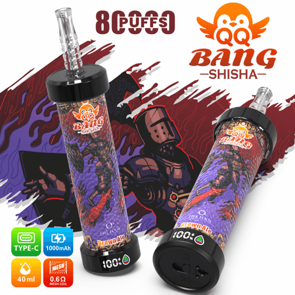Due flaconi per vape “BANG SHISHA” con logo mascotte luminoso su sfondo illustrato rosso e viola