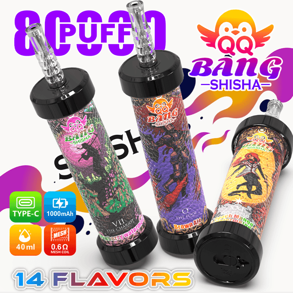 Three colorful “Bang Shisha” vape pens with black bases and glass mouthpieces, featuring “14 FLAVORS” text