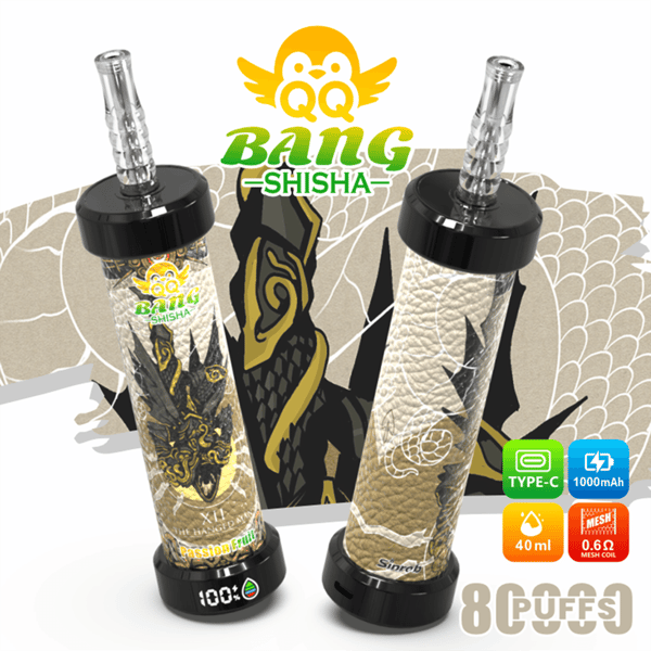 Due dispositivi usa e getta “Baing Shisha” con tubi trasparenti, basi nere e icone per 1000mAh tipo-C e 40ml mesh 0.6Ω