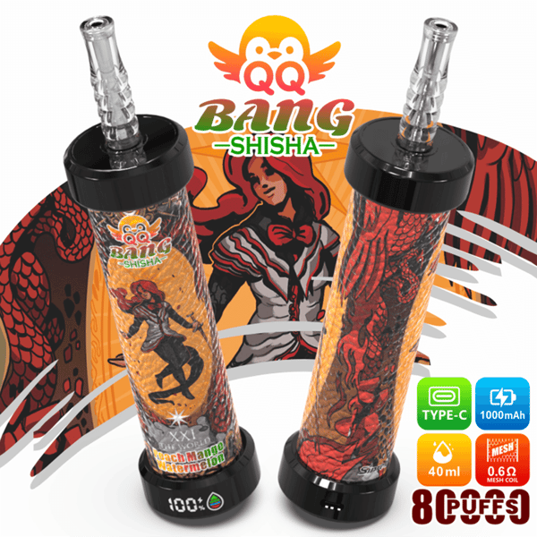Due bottiglie Bang Shisha colorate con doppio bocchino su sfondo grafico “Bang Shisha”