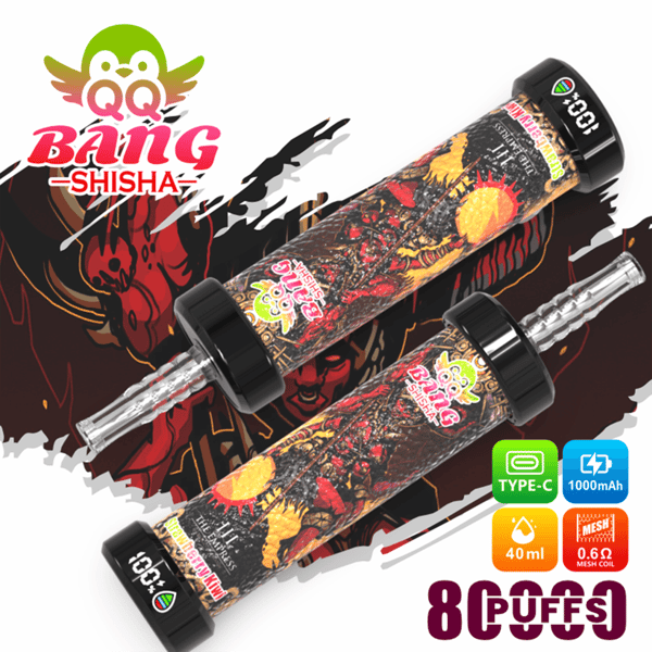 Vape device with two “Blaing Shisha” tubes and icons for Type-C, 1000mAh, 40ml, and 0.6Ω mesh coil