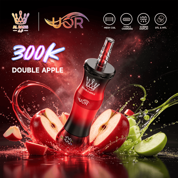 Appareil de vape rouge avec le texte saveur “ Double Apple ”, visuel 300K et éclaboussures de pomme rouge et de liquide vert