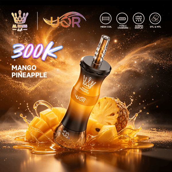 Pomarańczowe urządzenie vape w złotym rozbryzgu z tekstem mango i ananasa oraz ikonami funkcji produktu na ciemnym tle