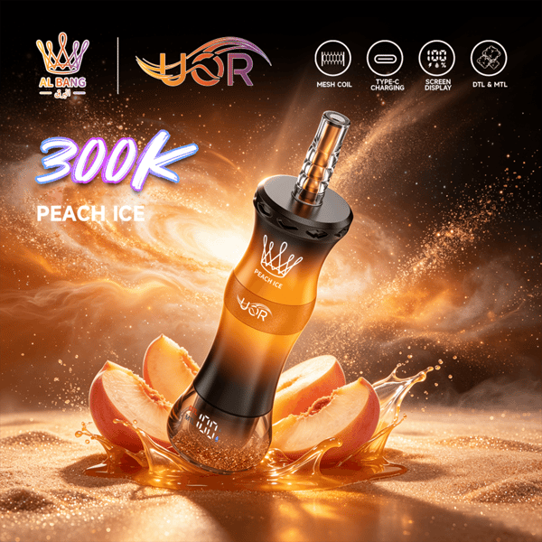 Appareil de vape orange intitulé Peach Ice avec visuel 300K, icônes de résistance mesh et de charge Type-C sur un fond flamboyant