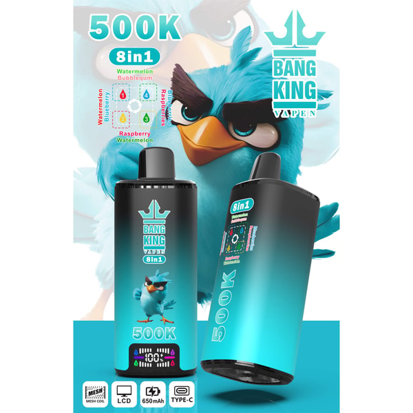 Blue cartoon bird with goggles behind two black vape devices labeled 500K and 8in1 Bang King VapEN