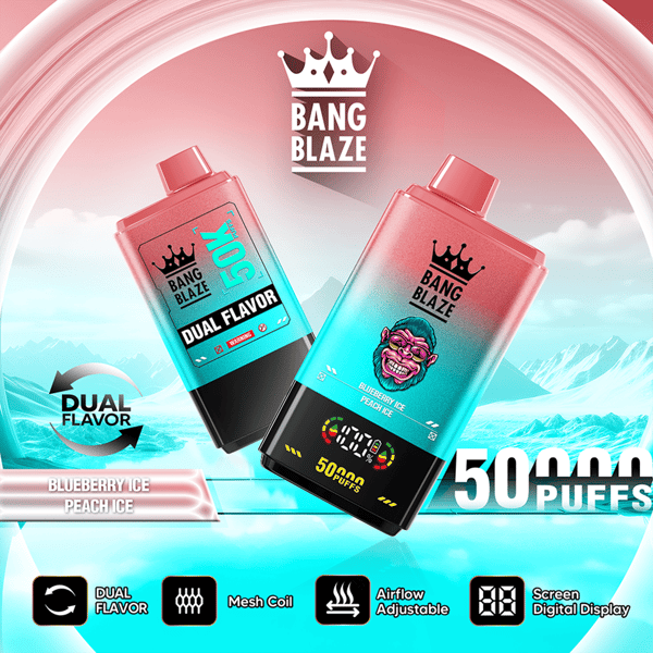 Two Bang Blaze e-cig devices with dual flavor labels, crown logo, and “50,000 puffs” on a blue icy background