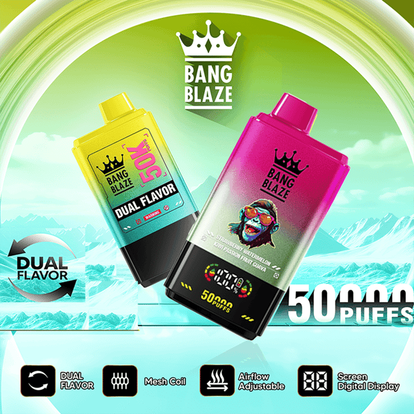Two Bang Blaze flavored vape devices on a wave backdrop, showing Dual Flavor and 50,000 puffs