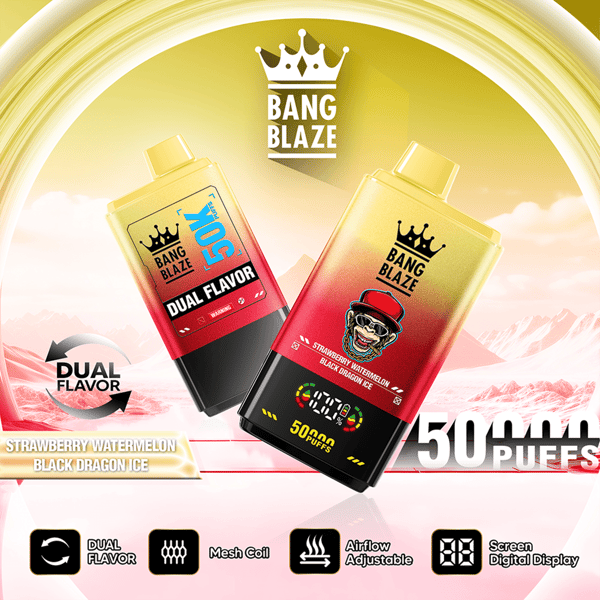 Two Bang Blaze e-cig boxes with crown logo on yellow-to-red gradient background, “50 puffs” text, and features icons