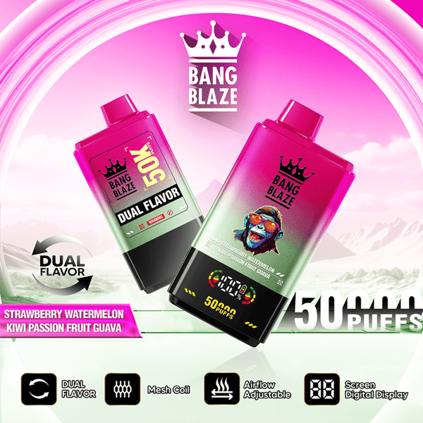 Two Bang Blaze dual-flavor vape devices with crown logo on a pink mountain-style promotional background