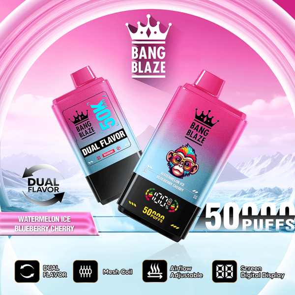 Two pink vape devices labeled “Bang Blaze” with dual flavor icons and “50 puffs” on a pink mountain backdrop