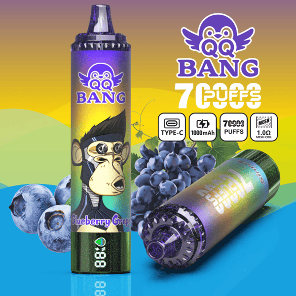 Purple blueberry vape device pack with “BANG 7 PUFFS” branding, grapes, and performance icons