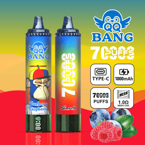 Two colorful vape pods with “QQ BANG” branding and “7 PUFFS,” plus Type-C 1000mAh and flavor icons
